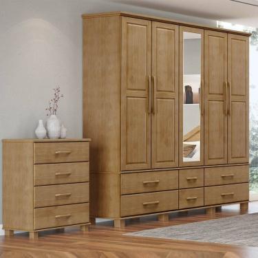 Imagem de Conjunto Quarto: Guarda-Roupa Casal 5 Portas 6 Gavetas, Cômoda 4 Gavetas Freijó Ouro Madeira Pinus - Finestra
