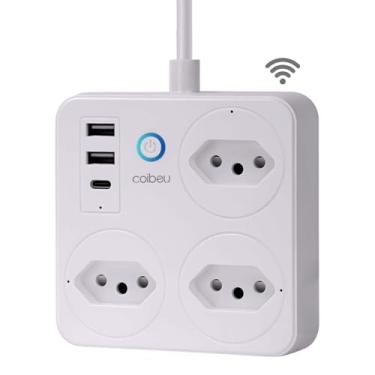 Imagem de Filtro de Linha Branco Tomada Inteligente Tomada Wifi Extensão Inteligente Wifi Extensão Régua de Energia 3 Tomadas 2 Usb 1 Usb-C Controle pelo Celular