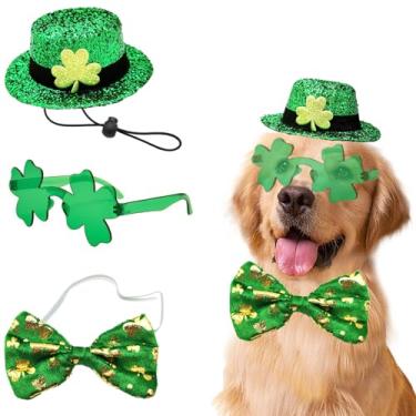 Imagem de Fantasia de cachorro do Dia de São Patrício, 3 peças, chapéu alto verde de duende irlandês, kit de gravata borboleta para cães grandes, festas do dia de São Patrício (grande, chapéu irlandês, gravata