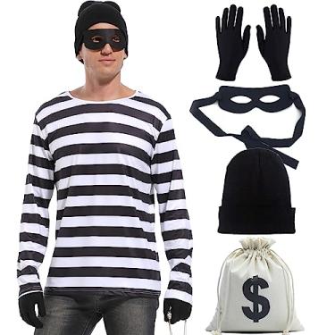 Imagem de ELEDVB Conjunto de fantasia de ladrão masculino adulto preto e branco listrado acessórios para fantasia de cosplay de Halloween