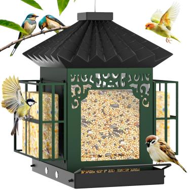 Imagem de Alimentadores de pássaros para pendurar ao ar livre, alimentador de pássaros de metal com gaiola de sebo duplo, grande capacidade, alimentadores de pássaros resistentes e à prova de intempéries, fácil