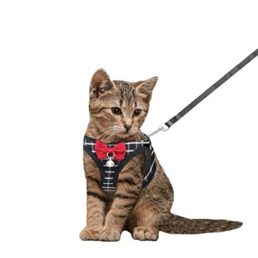 Imagem de Conjunto de coleira e arnês para gatos, peitoral respirável para cães, arnês para animais de estimação, arnês de malha ajustável para gatos e coleira à prova de fuga para filhotes e gatos (preto, PPP)