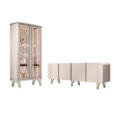 Imagem de Conjunto Cristaleira Buffet com LED Portas de Vidro Pés Aço Maciço Cor