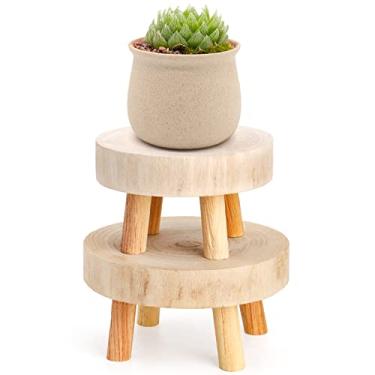 Imagem de TOPZEA Conjunto de 2 mini suportes de exibição de banquinho de madeira, bancos de madeira curtos decorativos boho pequeno pedestal suporte suporte para vaso para vela, planta interna, sobremesa, gnomo