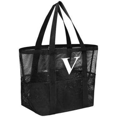 Imagem de wanchel Bolsa de praia de malha personalizada para mulheres - Sacola à prova d'água com inicial inicial para viagens em família, brinquedos, itens essenciais de férias, Preto, Preto-v