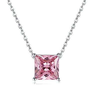 Imagem de Presentski Colar com pedra do mês de nascimento corte princesa, pingente quadrado prata esterlina 925 zircônia cúbica halo colar presentes de aniversário joias para mulheres e adolescentes