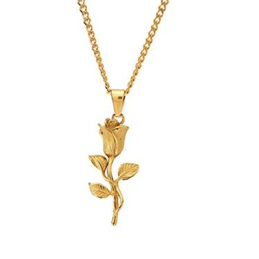 Imagem de Corrente com pingente de ouro rosa 18 k colar masculino rosa pingente de ouro vintage rosa flor colar para homens presente para ele presente de namorado (ouro rosa), Banhado a ouro
