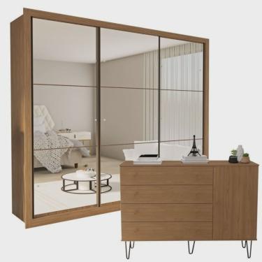 Imagem de Conjunto Guarda Roupa Casal Premium 242cm com Espelho 3 Portas e Cômoda 129,5cm 1 Porta 4 Gavetas
