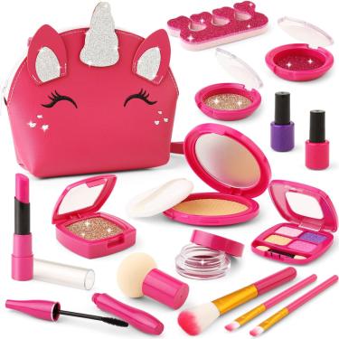 Imagem de Conjunto de maquiagem Pretend wesayee para meninas de 3 a 7 anos com bolsa de unicórnio