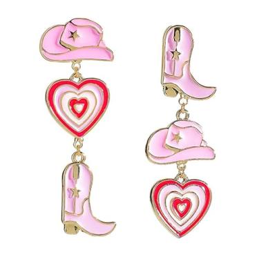 Imagem de Brincos pendentes Western Cowgirl, chapéu de bota rosa vintage e design de coração, joias de cowboy hipoalergênicas duráveis para mulheres, perfeitos para roupas casuais, festas e eventos de rodeio