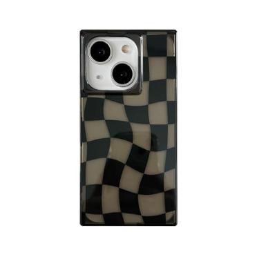 Imagem de Capa retangular xadrez preta transparente para iPhone 15 6,1 polegadas (não Pro), capa protetora moderna translúcida guingão estética legal (para iPhone 15 de 6,1 polegadas, damas)