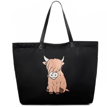 Imagem de LEMEDE Bolsa de compras personalizada ecológica - Sacolas minimalistas dobráveis de lona com zíper de 30L, presentes de aniversário para mulheres, Highland Cow-preto (preto), Large