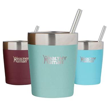 Imagem de Copo de viagem para copo de aço inoxidável isolado humano saudável com palha e tampa, Neon Mint, 12 oz.