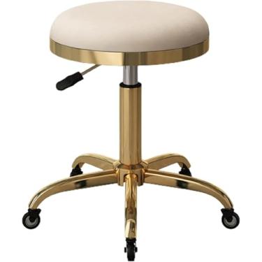 Imagem de Banqueta Redonda Para Salão De Beleza Com Rodas Giratórias Pequenas Bancadas De Bar Ajuste De Altura De Beleza De Maquiagem 45-56cm & Metal Titânio Ouro 5 Garras Com Rodas, Beige Grey