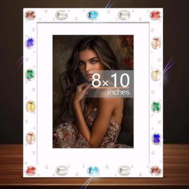 Imagem de Leuhiove Porta-retrato de joia de 20 x 25 cm com pedras de vidro coloridas, exibe imagens 13 x 17 com tapete ou 20 x 25 sem tapete, moldura vintage ornamentada antiga para fotos é exibida horizontal