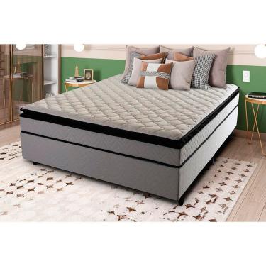 Imagem de Cama Box De Casal Hellen Titanium Com Molas Ensacadas, Pillow Top E Revestimento Em Tecido Malha Cinza Com Preto