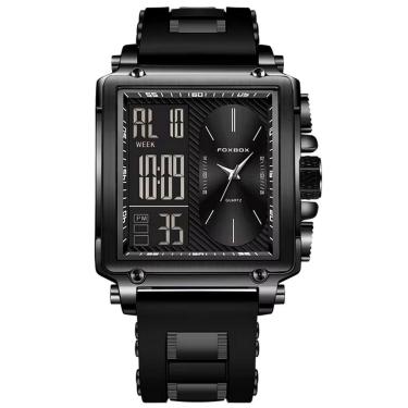 Imagem de Relógio Quadrado De Quartzo Masculino Dual Display Impermeável Pulseira De Silicone Preto