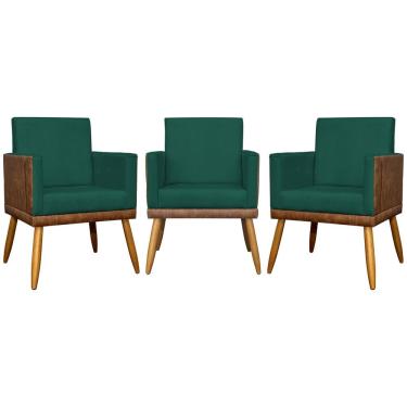 Imagem de Kit 3 Poltronas Decorativas Lis Corino e Pé Palito - Verde Suede Corino