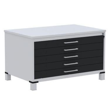 Imagem de Mapoteca 5 Gavetas Pandin 120 Cm (larg) Inmetro Tampo Mdp Cinza Estrutura Aço Cinza Gavetas Pretas