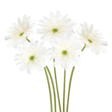 Imagem de ICBOX Flores artificiais de margarida branca gerbera, 5 peças – margaridas de seda de látex de toque real, flores falsas de haste longa de 68 cm com hastes para buquês de casamento, decoração de casa