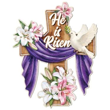 Imagem de WADORN Placa de metal vintage He is Risen Cross Easter Tin Sign, 13,7 x 11 polegadas Funny Retro Easter Home Tin Sign Cross Floral Printed Wall Art Poster Plaque Outdoor Decor for Man Cave Pub Club
