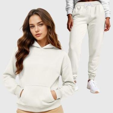 Imagem de Conjunto Moletom Blusa Canguru + Calça Feminina Lisa-Feminino