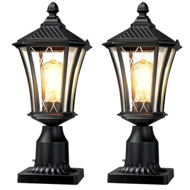 Imagem de YSN Pacote Com 2 Postes De Iluminação Para Áreas Externas, Luminária 16", Poste Preto À Prova D'Água Base Montagem Em Píer, Lâmpadas Antiferrugem Quintal, Jardim E Garagem