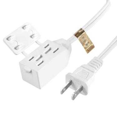 Imagem de FiiMan Cabo De Extensão Com 3 Saídas E Múltiplas Saídas, Certificado Pela Ul, Spt-2, 16 Awg, 2 Pinos, Tampas Segurança Para Régua Energia, Nema 1-15P A 1-15R, 13 A, 1625 Watts, Branco (3,0 M)