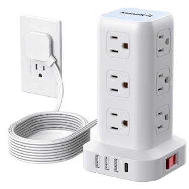 Imagem de SMALLRT Protetor De Surtos Energia, Cabo Extensão Plugue Plano Ultrafino 6,5 Pés Com 12 Tomadas Ca Múltiplas, 4 Usb (1 C), Estação Carregamento Mesa Tipo Torre Para Sofás, Camas E Home Office