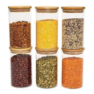Imagem de Kit 6 Potes De Vidro Hermético 300ml Tampa de Bambu Com Etiqueta Organ