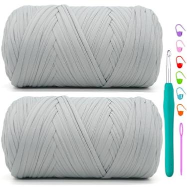 Imagem de Pacote com 2 camisetas para crochê, cinza claro, tecido elástico macio, grosso, fio de crochê para crochê, tricô iniciante, bolsa de tricô à mão/artesanato faça você mesmo/decoração de casa 2 x 400G