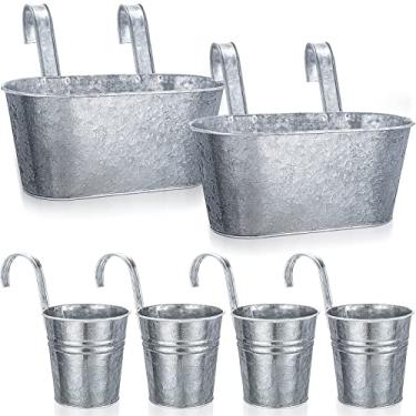 Imagem de Eaasty 6 peças galvanizadas penduradas para pendurar em casa de fazenda, vasos de flores, suporte de plantas para pendurar em metal rústico com ganchos destacáveis, plantador galvanizado para janela, varanda, jardim, decoração de casa