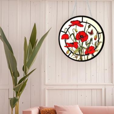 Imagem de Pendurado em janela manchada de flores de papoula vermelha, painel grande de acrílico para janela de apanhador solar de 30 cm, decoração de parede de flores de dupla face para café, casa, presente