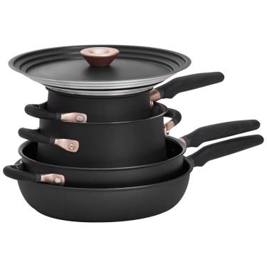 Imagem de Conjunto de Panelas e Frigideiras Antiaderente de Aço Inoxidável com 1 Tampa Universal, 6 Peças, Cor, MEYER 81214, Preto