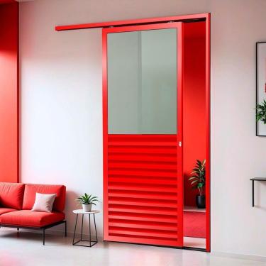 Imagem de Porta De Correr Suspensa 210x90cm Meia Veneziana Meia Vidro Dir L.25 Vermelho