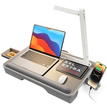 Imagem de SAIJI Mesa de colo com luz LED, bandeja portátil para laptop com almofada - serve para laptops e MacBook de até 17 polegadas, mesa de colo para cama e sofá, mesas de colo para escrever e ler