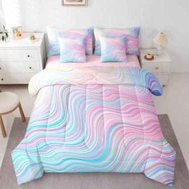 Imagem de Feelyou Conjunto de edredom para meninas, rosa, arco-íris, tamanho casal, listrado, 7 peças, para meninos e adolescentes, conjunto de cama geométrico, respirável, presente para meninas e mulheres