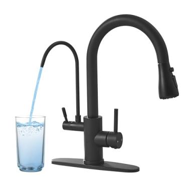 Imagem de Torneiras de cozinha pretas com filtro de água e pulverizador de puxar para baixo, torneira de pia de cozinha, torneira de pia de cozinha de duas alças com pulverizador de puxar para baixo para 3