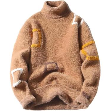 Imagem de Suéter De Gola Alta Para Homens - Suéter Quente Para Homens Suéter De Pelúcia Manga Longa Pulôveres Suéter De Malha Fleece Peludo Casual Padrão De Chevron Colorido, Khaki, XXL