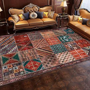 Imagem de Tapete De Sala De Estar Moderno Design Retangular Tapete Para Quarto Mesa De Café De Cabeceira Sofá Fácil De Limpar Quadrados Geométricos Patchwork Vermelho-marrom Escuro, 80 x 200 cm