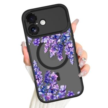 Imagem de AIGOMARA Capa magnética para iPhone 16, compatível com Magsafe, lindo design floral de lavanda roxa para mulheres e meninas, capa de telefone fina translúcida fosca para janela grande com proteção