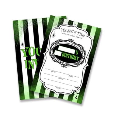 Imagem de Dumyum Convites de aniversário Spooky Beetlejuice, 20 convites de aniversário de Halloween listrados em preto e branco com envelopes, dupla face