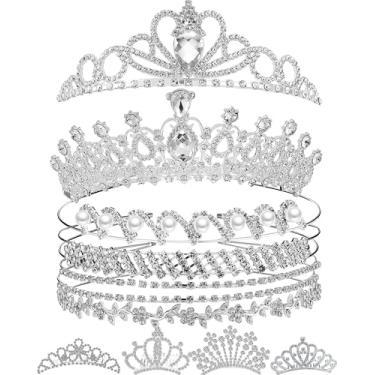 Imagem de Hoteam 10 peças de coroa de tiaras prateadas para mulheres, tiara de strass, coroa de princesa, tiaras prateadas com pente de cabelo, acessórios de cabelo brilhantes de cristal para mulheres