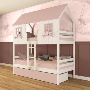 Imagem de Beliche Casinha Encantada com 02 Gavetas Madeira Maciça Branco/ Rosa Megamobilia