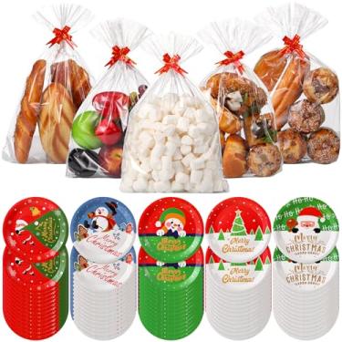 Imagem de LemonRoad 50 conjuntos de bandeja e saco de biscoito de celofane de Natal com laços torcidos, inclui 50 peças de pratos de papel descartáveis de 23 cm para biscoitos, 50 peças de sacos de plástico