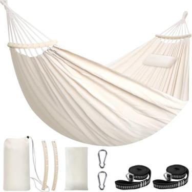 Imagem de Chihee Rede de algodão grande, macia, respirável, para acampamento, comporta até 299 kg, rede de árvore portátil com almofada de barra destacável, 2 teias fortes, 2 mosquetões, pátio, jardim