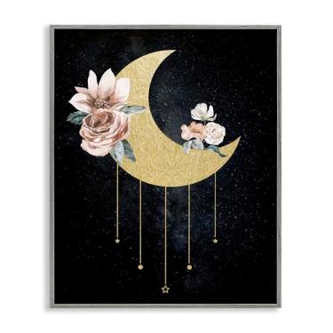 Imagem de Stupell Industries Design de arte giclée emoldurado com detalhes glamorosos lua com rosas cinza por Daniela Santiago, 20 x 16