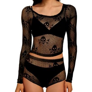 Imagem de Conjunto de lingerie feminina de renda de caveira de 2 peças, top cropped de manga comprida com ombro de fora e calcinha de cintura alta para fantasia de Halloween, roupa de dormir sexy, roupa de