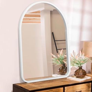 Imagem de HLFMVWE Espelho arqueado branco para espelho de banheiro ou decoração de parede espelho de arco moldura de madeira espelho montado na parede para banheiro, sala de estar, quarto, entrada 25 x 35 cm