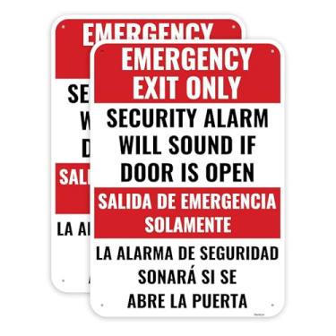 Imagem de Sinal bilíngue apenas de saída de emergência, 25,4 x 17,8 cm - alumínio - dramático, não é um alarme de segurança de saída, soará se a porta for aberta
